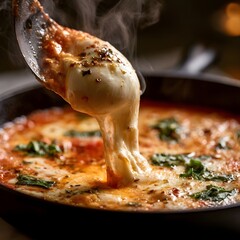 Fototapeta premium Mozzarella Cheese Pull from Bubbling Tomato Sauce in Black Skillet
