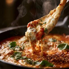 Fototapeta premium Hand-stretched Mozzarella Lifting from Tomato Sauce with Steam