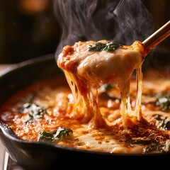 Fototapeta premium Steaming Mozzarella Pull Tomato Sauce Basil Chili Flakes in Skillet
