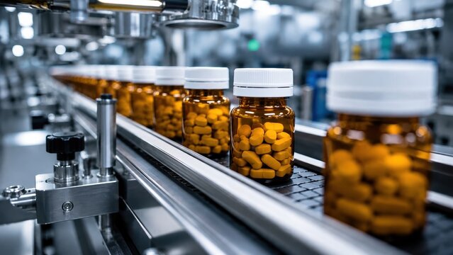 Detalhe de frascos de vidro &acirc;mbar com comprimidos em uma esteira transportadora automatizada. Ind&uacute;stria farmac&ecirc;utica, linha de produ&ccedil;&atilde;o moderna e conceito de fabrica&ccedil;&atilde;o de medicamentos.