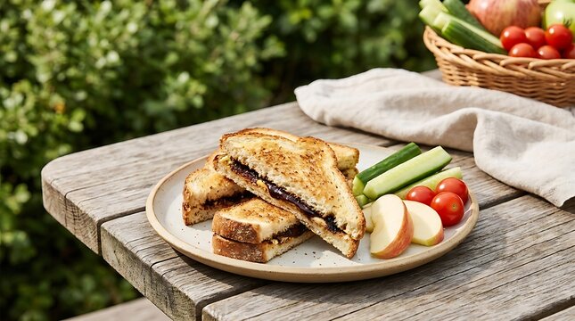 Grilled cheese sandwich with fresh fruit and vegetables on a wooden table outdoors. Vegemite sandwich recipe