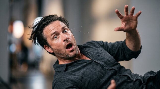 Man falling down with shocked expression and wide eyes indoors