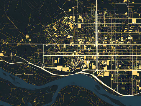 Urban map of Wenatchee, Washington, in a dark flat palette: deep charcoal background with clean cream streets and sharp safety-yellow highlights, accented by ink-blue water