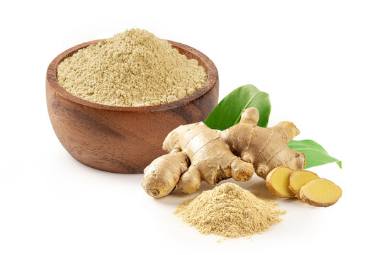 Ginger Roots, ginger powders in wooden bowl ,Slices, and green leaves Isolated on white background . for herbal medicine, spice shops, and healthy food advertising.