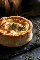 Fototapeta premium Rustic Goat Cheese Tart with Steam on Dark Slate Board and Thyme