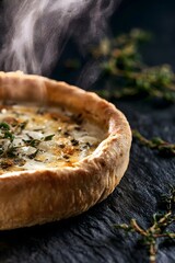 Fototapeta premium Goat Cheese Tart with Dramatic Steam and Thyme on Black Slate
