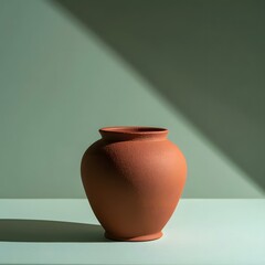 Naklejka premium Single Unglazed Terracotta Urn on Sage Green Background Bold Shadow