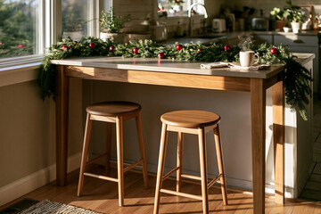 Obraz premium Elegant kitchen breakfast bar with holiday decorations