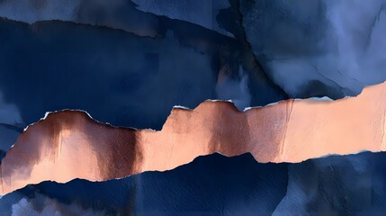 Naklejka premium Diagonal Tear in Dark Navy Paper Revealing Copper Layer Below