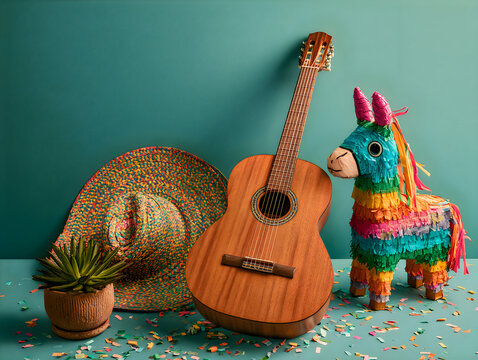 Acoustic guitar with a colorful donkey pinata and straw hat on a green background