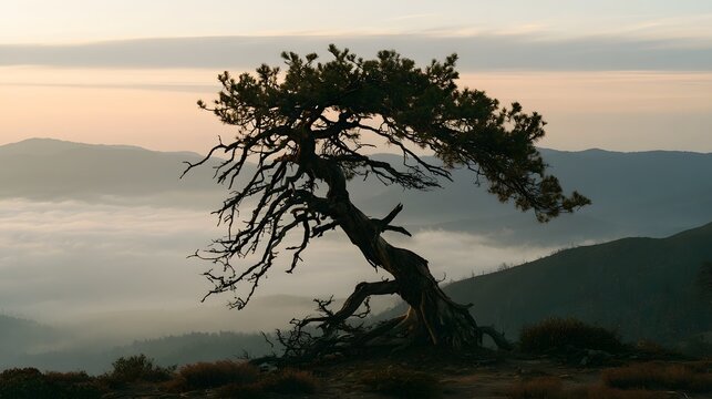 Isolated weathered pine tree on a high ridge at dawn