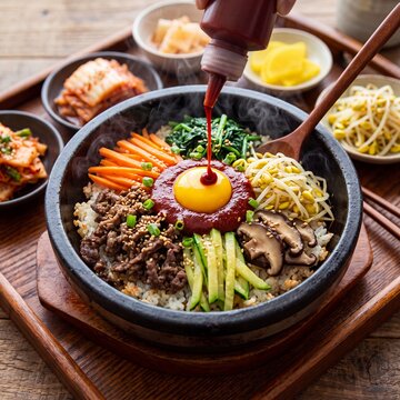 Sizzling stone pot bibimbap with gochujang sauce and chopsticks mixing for Korean food marketing
