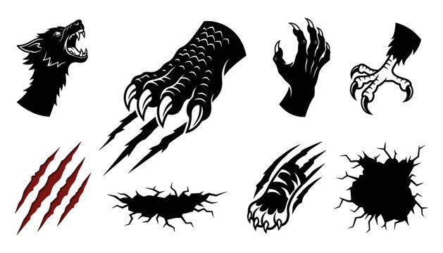 Monster Claw Scratch Vector Elements Set Featuring Dragon Claws, Wild Beast Talons, and Aggressive Slash Marks for Sports Team Mascot Logos and Tattoos