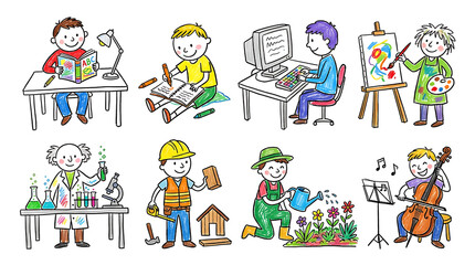Fototapeta premium Children engaged in various hobbies and professions, showcasing diverse interests and activities.