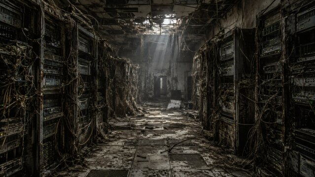 Chaotic Data Center Aisle Overwhelmed with Tangled Network Cables	
