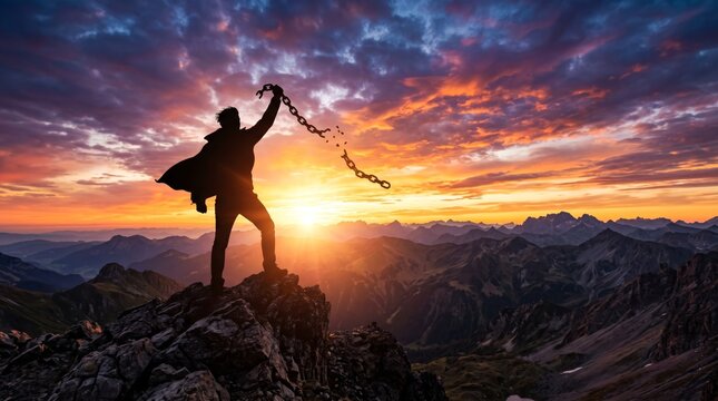 Silhouette of a man breaking chains on a mountain peak at sunset