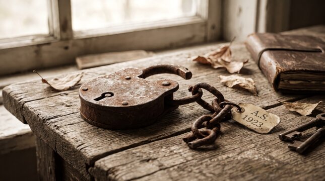 Open antique padlock and chain on a weathered wooden surface