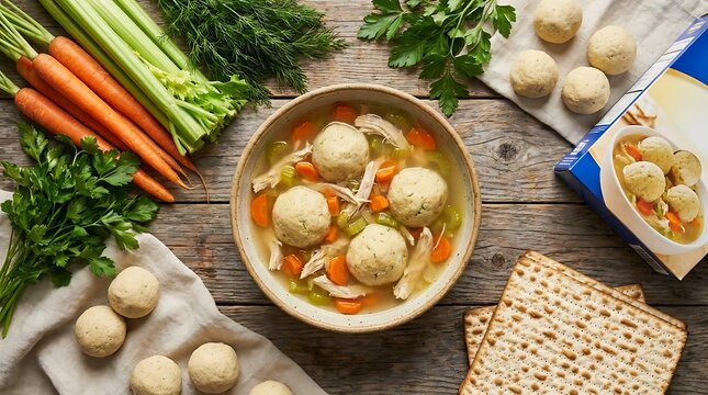 A top down view of a bowl of chicken soup with matzo balls on a rustic wooden table with fresh carrots, celery, matzo crackers and herbs for passover.