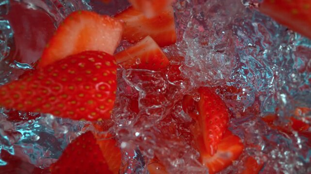 Super Slow Motion Shot of Fresh Strawberries Falling into Water at 1000fps.
