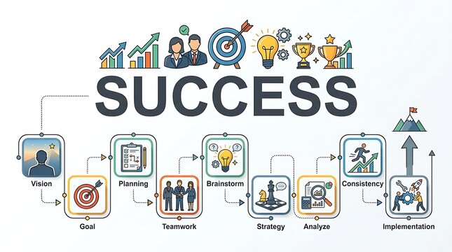 Business success steps infographic with icons and text
