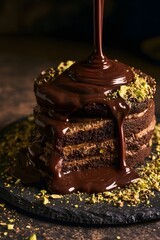 Fototapeta premium Mid-action pour of dark chocolate ganache over rustic cake
