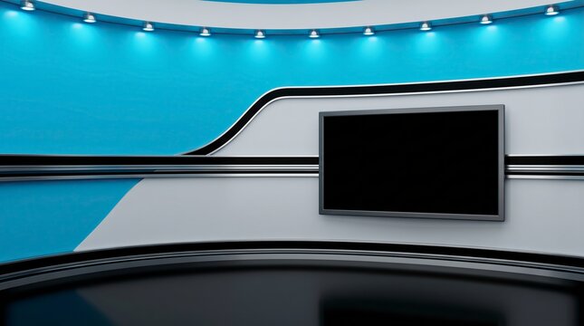 Modern virtual news studio background with blue wall and blank monitor screen for broadcast.