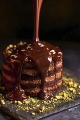 Fototapeta premium Mid-action pour of dark chocolate ganache over rustic cake