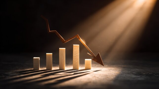 Wooden bar graph with downward arrow symbolizing market decline in soft light against dark background