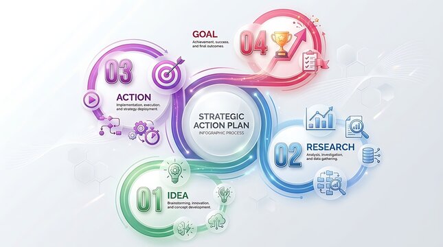 Strategic action plan infographic with four steps and icons