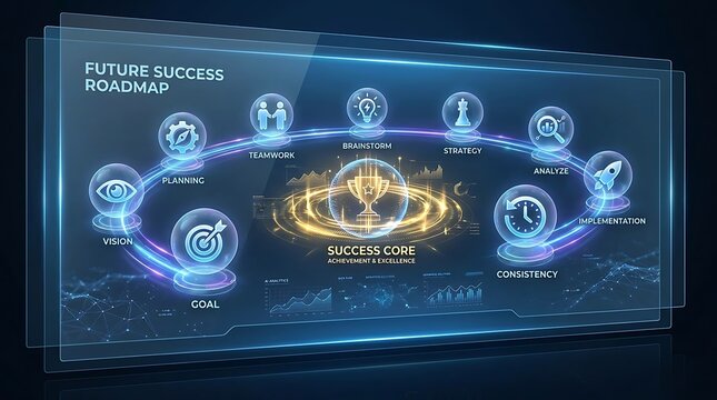 Future success roadmap with glowing icons and trophy