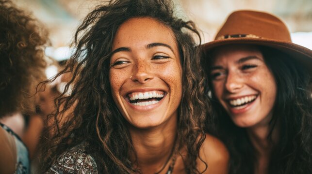 Joyful moment of two friends smiling and laughing together at a lively summer festival in a vibrant outdoor setting