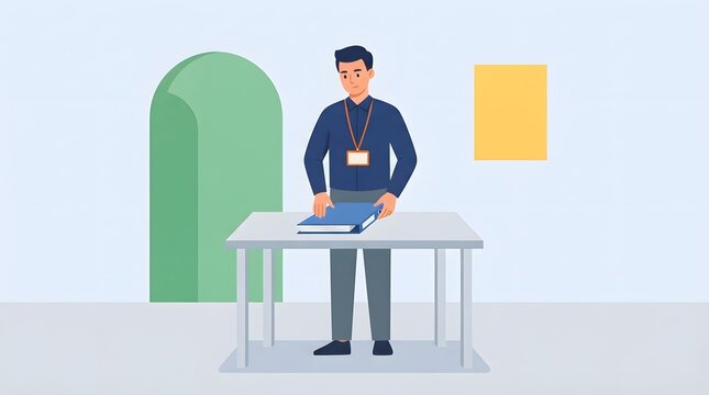 Conference Welcome: A man stands at a table, holding a folder and wearing an identification badge, ready to welcome attendees to a conference or event.