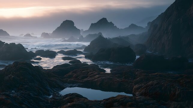 Jagged volcanic coast at dawn with tide pool