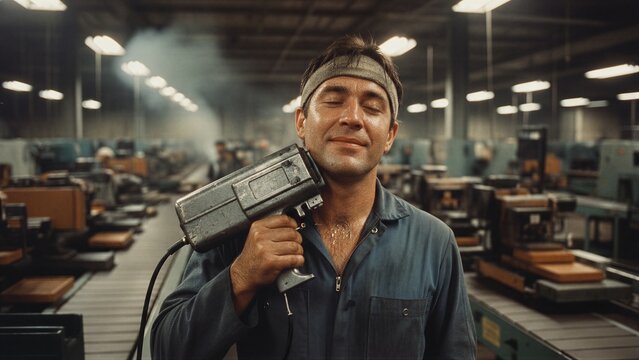 Trance state factory worker holding industrial tool against head. Hypnotized man standing in plant with closed eyes. Mind control, labor robotization and psychological influence concept.