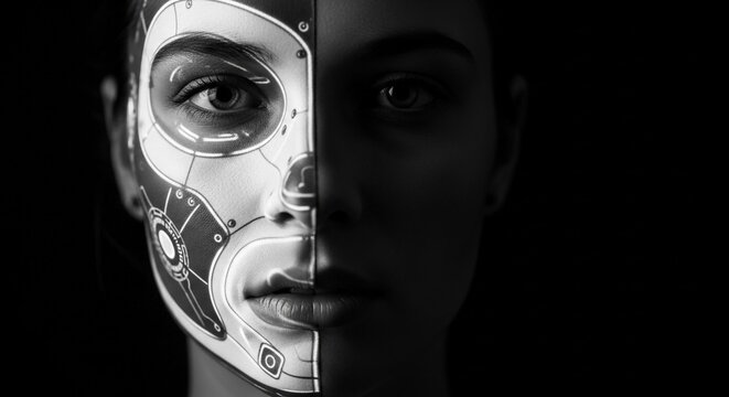 A human face split between organic and cybernetic halves in a dramatic chiaroscuro portrait.