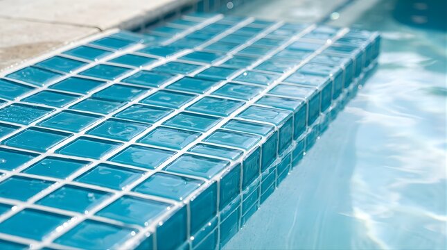 Close up of blue pool tiles with clear water under bright sunlight