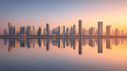 Naklejka premium Stunning Cityscape with Glass Reflections at Sunrise over Waterfront in Urban Environment