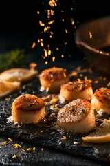 Fototapeta premium Seared Scallops Mid-Preparation with Lemon Zest