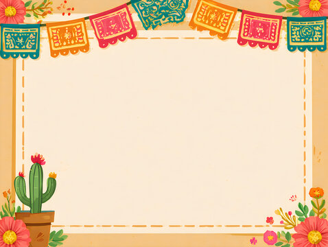 Colorful mexican fiesta paper flags and cactus decorative border frame for celebration