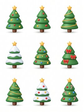 3D Christmas Tree Icons Set, Cute Holiday Decorations, 3x3 Grid