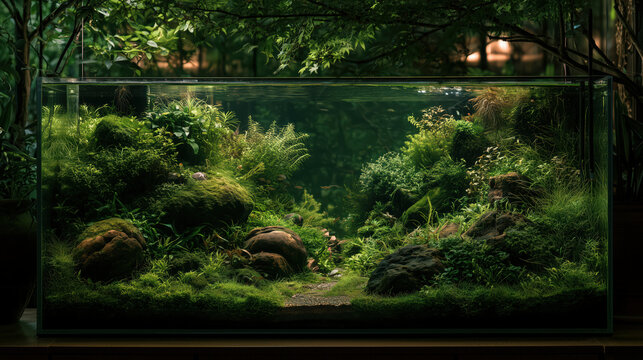 Planted aquarium peaceful fish tank, green aquatic plant moss rock landscape