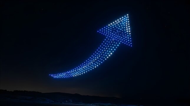 Glowing drone light show forming an upward arrow in the night sky