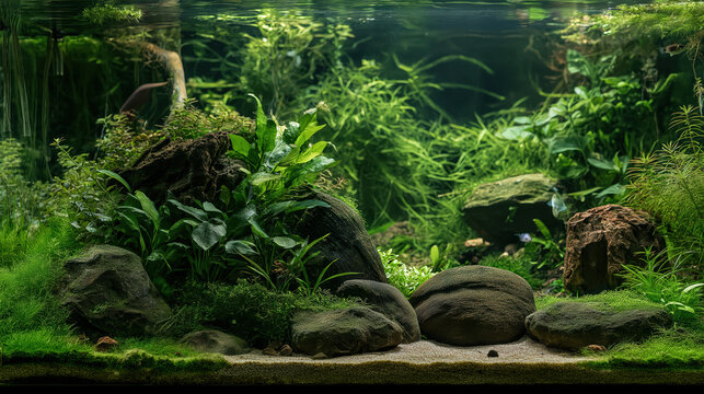 Aquarium hobby peaceful planted fish tank aquatic green lush aquascape with rock