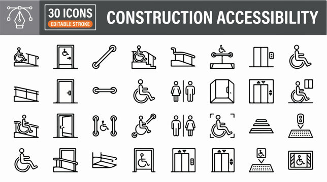 Professional construction accessibility icon collection featuring wheelchair ramps, inclusive doorways, elevators, and universal architectural symbols