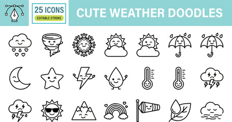 Fototapeta premium Set of kawaii weather icon sheet doodles featuring cute sun cloud rain storm and moon characters in a minimalist thin line vector outline style