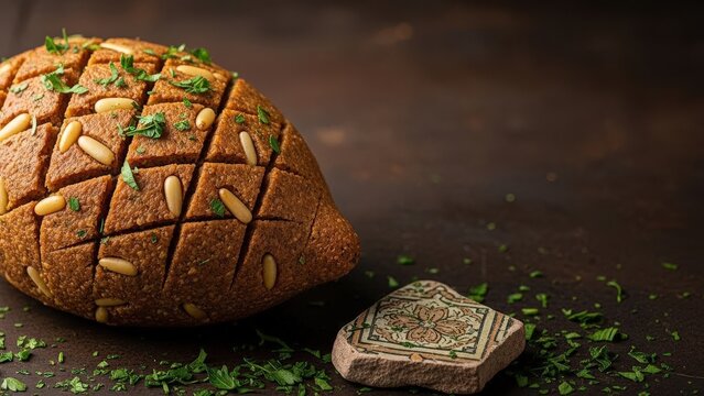Gourmet golden kibbeh bil saneeyeh baked kibbeh with beef and pine nuts, minimalist presentation with deep brown copy space