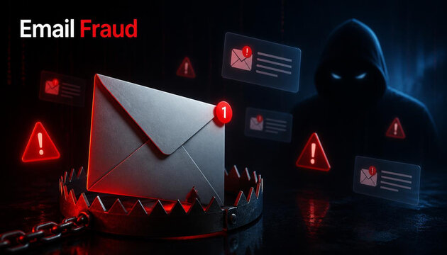 Email envelope inside metal trap representing cyber security risks and dangerous digital phishing scams for users