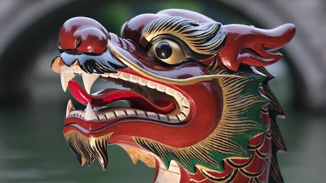 Close up of a traditional carved wooden dragon boat head. 4K Video