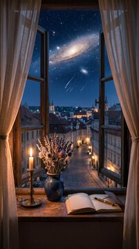 A cozy window view of a starry night sky over a quiet European city street at night.