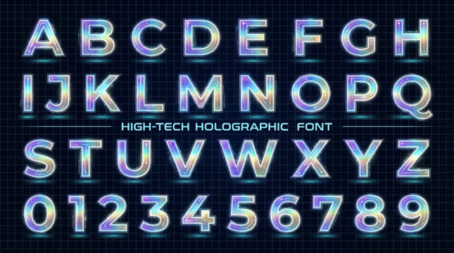 A hightech holographic font display featuring luminous metallictextured letters and numbers on a dark grid